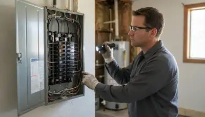 Electrician performing a whole-home electrical inspection of a breaker panel in Stockton, CA