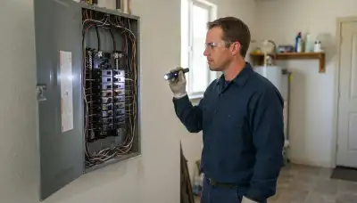 Electrician inspecting residential electrical panel and wiring during a whole-home inspection in Lathrop, CA