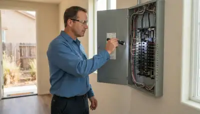 Electrician performing a whole-home electrical inspection for a Lockeford, CA homeowner