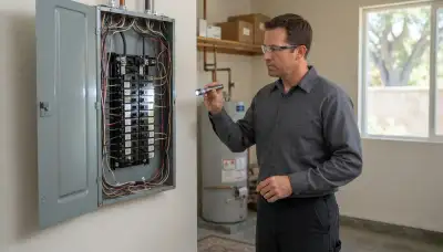 Electrician performing a whole-home electrical inspection in Stockton, CA