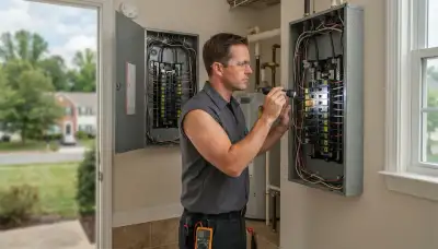 Electrician performing a whole-home electrical inspection in Stockton, CA, checking the panel and wiring