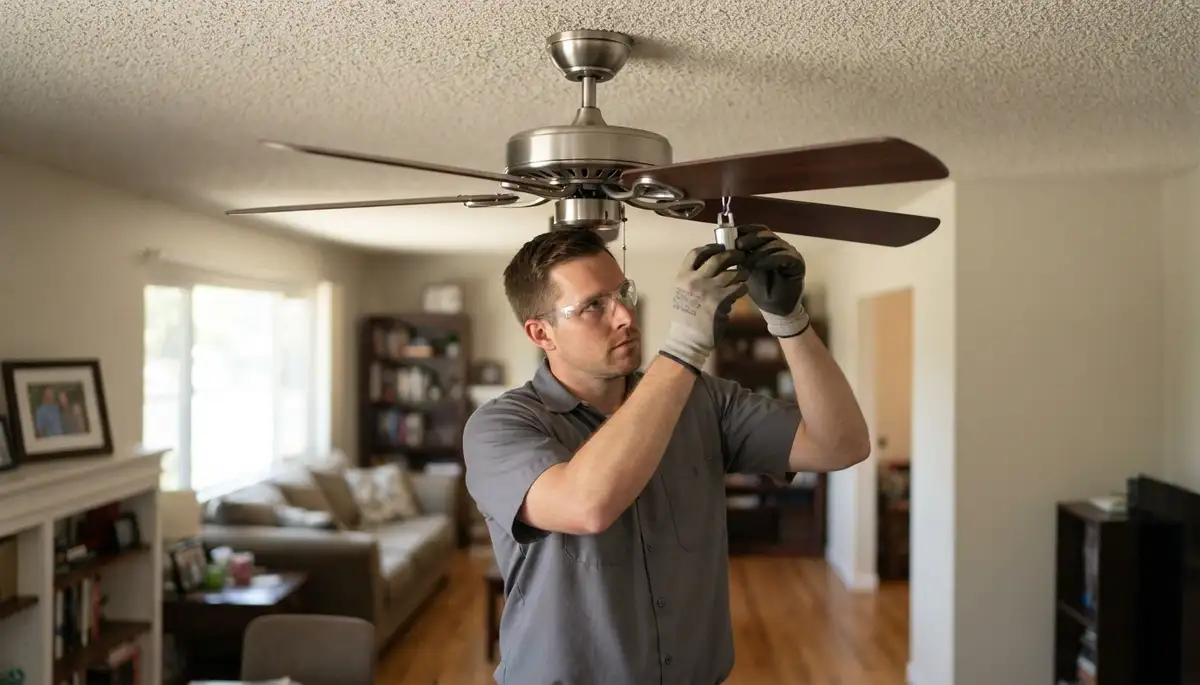 Stockton, CA electrician clips a balancing weight onto a ceiling fan blade after repair to reduce wobble and noise